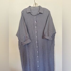 100% Cotton Shirt Dress Striped  Button-Up Collared ChouYatou Medium Maxi Midi
